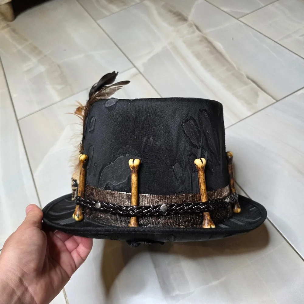 Spirit Halloween Voodoo Witch Doctor Top Hat Skull Bones Feathers Black 01433663